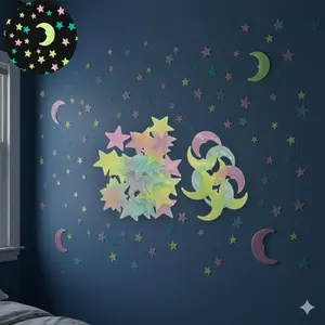 Fluorescent Star Moon Dinosaur Fairy Tale Night Glow Stickers Set, Removable Decorative Stickers, Safe Eco-Friendly Material, Waterproof Reusable Wall Decals, Luminous Wall Sticker, Bedroom, Decoration