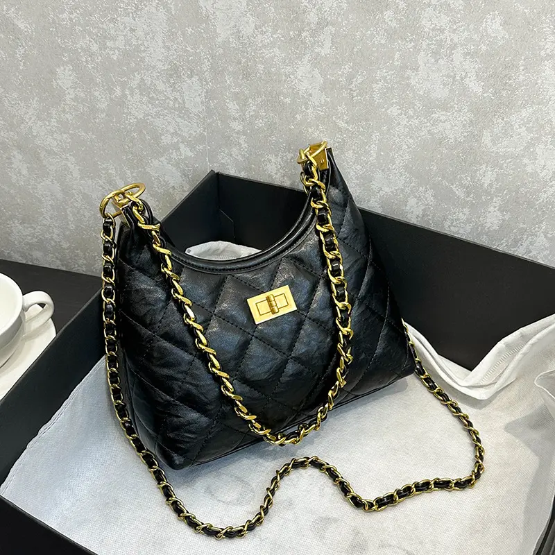 Vintage Quilted Chain Hobo Bag, Women Wrinkle PU Shoulder Crossbody Bag Luxury Commuter Handbag