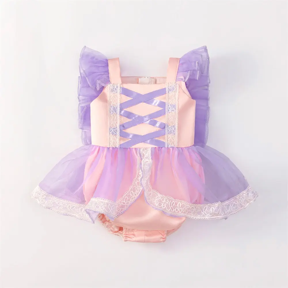 6-18M Bodysuit Romper Dress Crotch Snap Closure Kids Clothes 06 Pink Purple Lace Tutu Anniversary Birthday Baptism Flower Girls Frock Ball Gown Pageant Children Elegant Princess Prom Host Formal Evening Party Banquet Dress for All Season