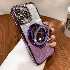 Glitter Rhinestone Phone Case with Mirror Holder a Fashionable Phone Protective Cover Phone Accessories for iPhone 17 16 15 14 13 Pro Max  with a lens protective film and has a luxurious full-rhinestone edging   iphone 17 Air case lens protector