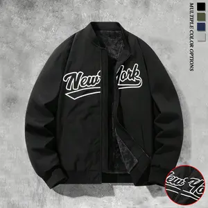 Men's casual baseball collar jacket with the word "New York" printed on the chest; Surface windproof and wear-resistant design, skin friendly, comfortable, and warm fabric; Suitable for winter wear, warm jacket, men's jacket Long Sleeve Black