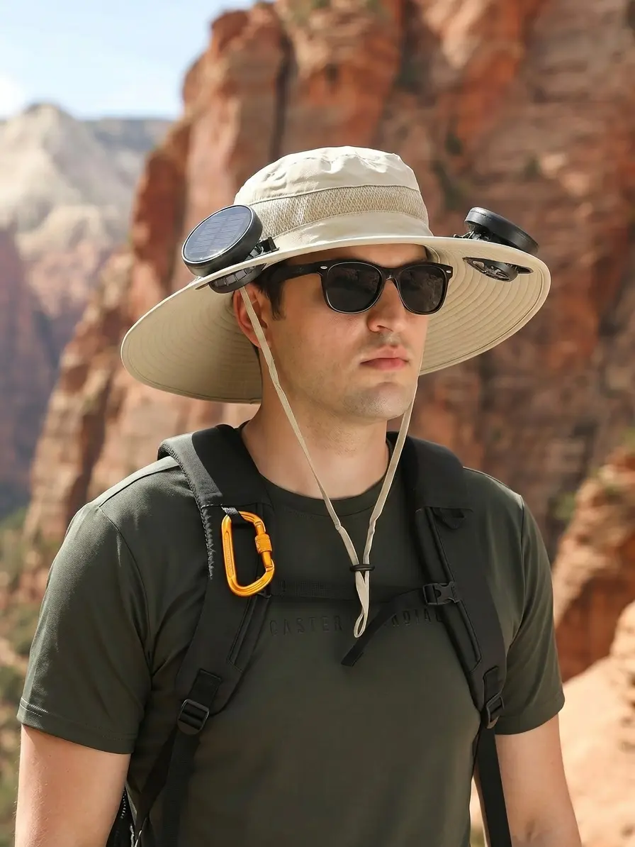 Solar & Rechargeable Dual Fan Hat with 2 Cooling Fans UV Protection Sun Hat for Fishing Hiking Outdoor