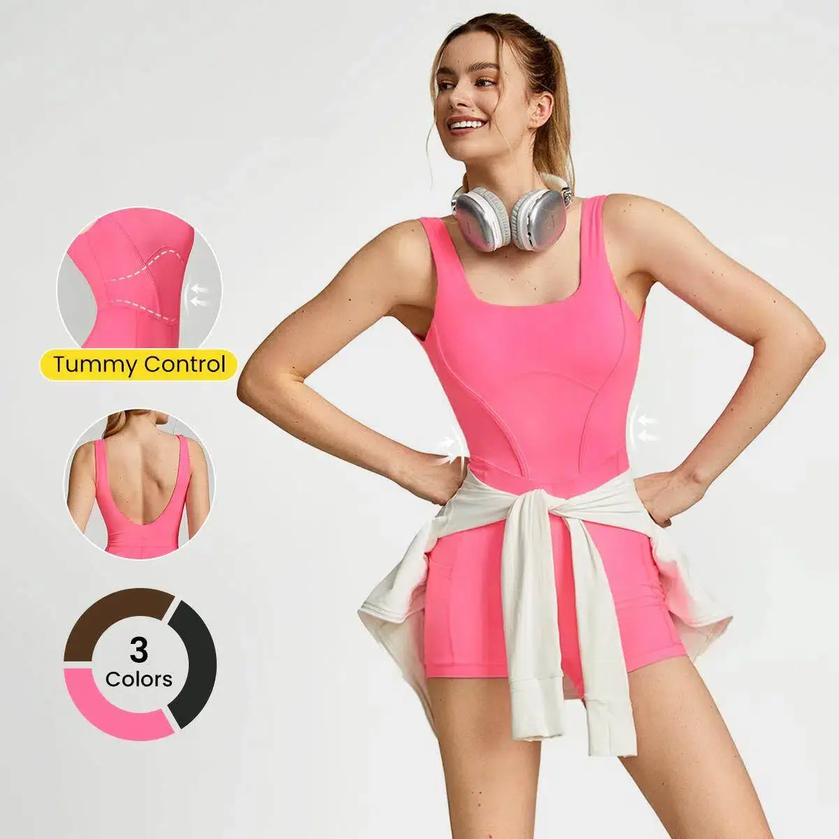 GLOWMODE 4.3" FeatherFit Tummy Control Side Pockets Romper Bodysuit U-Back Non-Slip Pocket Light Support Low Impact Yoga Studio Gym Daily Summer