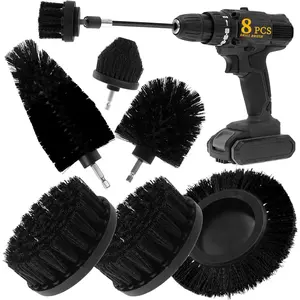 8 count Drill Brush Attachment Set, Power Cleaning Scrub Brush Kit with Extend Long Attachment,  Purpose Drill Scrub Brushes for , Grout, Floor, Tub, Bathroom and Kitchen (Black)
