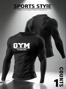 Men's "Gym Warriors" Graphic High Neck Compression Long Sleeve - Athletic Top for Gym Workouts, Moisture-Wicking Fabric for Casual Wear, Trendy Fitness Warrior Fashion Piece, Athletic Compression Shirt