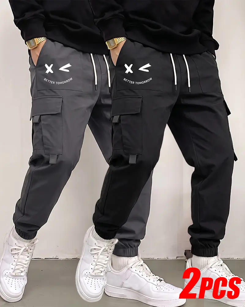 2-Pack Streetwear Jogger Cargo Trousers, All Elastic Draw Waist, Multi Utility Pockets, Relaxed Jogger Fit, Breathable Quick Dry Workwear Bundle