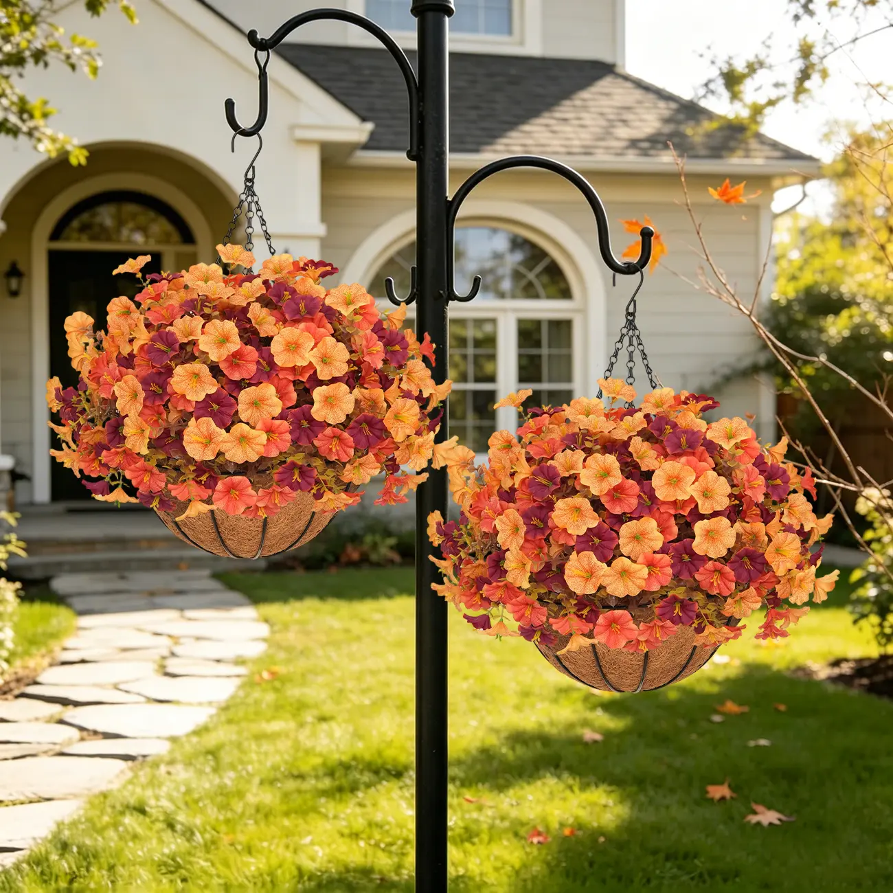 2Pcs UV-Resistant Artificial Outdoor Hanging Planters - Autumn Round Morning Glory Flower Baskets with Coconut Coir Liner, Weather-Resistant No-Watering DIY Faux Floral Decor for Porch, Patio, Home