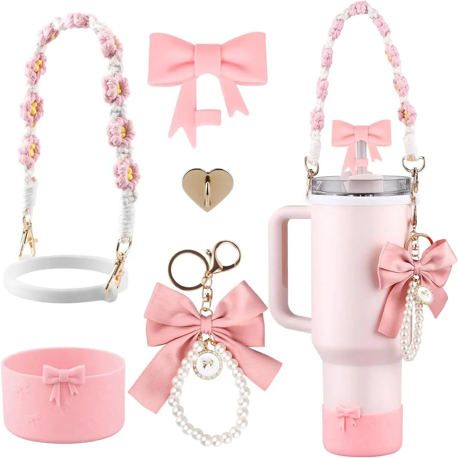 Stanley Cup Accessories Set,Bow Straw Cover, Water Bottle Handle Strap, Siliocne Cup Boot, Pearl Charms, Straw Topper for 40oz & 30oz Stanley Tumbler for Women (Pink) | for Stanley Cup, Siliocne Cup Boot, Bow Straw Cover, Pearl Charms, Straw Topper