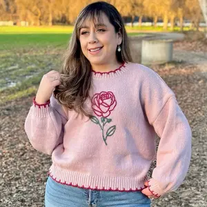 Rose Sweater - Pink Knitwear with Embroidered Rose Design for Women's Fashion