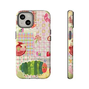 Whimsical Patchwork Phone Case with The Very Hungry Caterpillar, Fruit, and Floral Sticker Design for suitable for Samsung Galaxy 23 24 25 5G iPhone 17 ProMax Air 16 plus cases  15 pro max 14, 13, 12 with screen protector |   Beautiful phone case