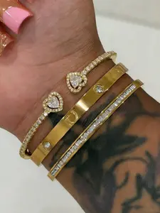3 Piece Set Stainless Steel 18k Gold Plated Heart Rhinestone Bracelets, 14k Gold Plated Copper Zircon Open Bracelet, Fashion Women Jewelry Gift Set, Stackable Bracelets