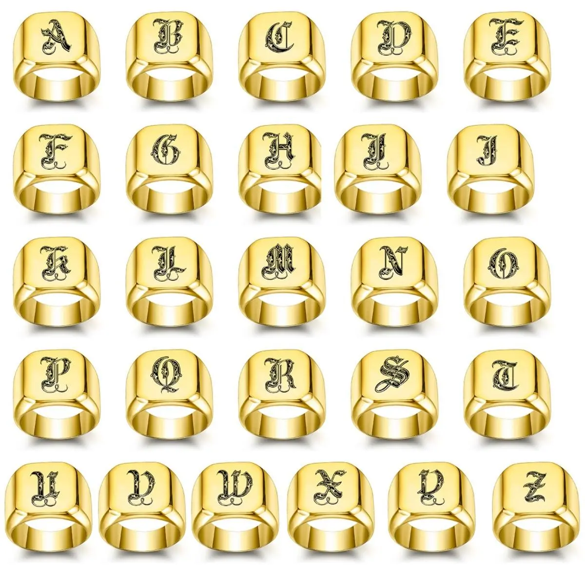 Vintage Hip-Hop Pattern 26-Letter (A-Z) Initial Rings Set - Anti-Rust Steel Rave, Funky, Casual Costume Jewelry Rings for Couples, Daily Wear, Rave Rings