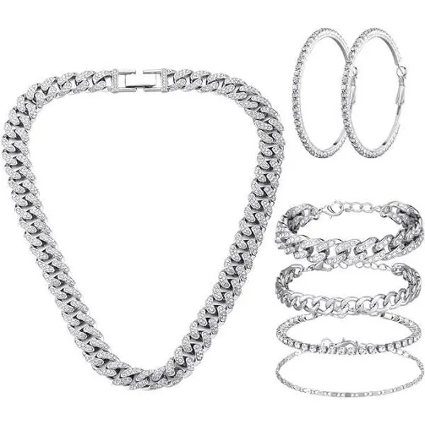 6 PCS Jewelry Sets Cuban Link Chain Necklace Bracelet Bling Rhinestone Hoop Earrings Bling Crystal Set for Women