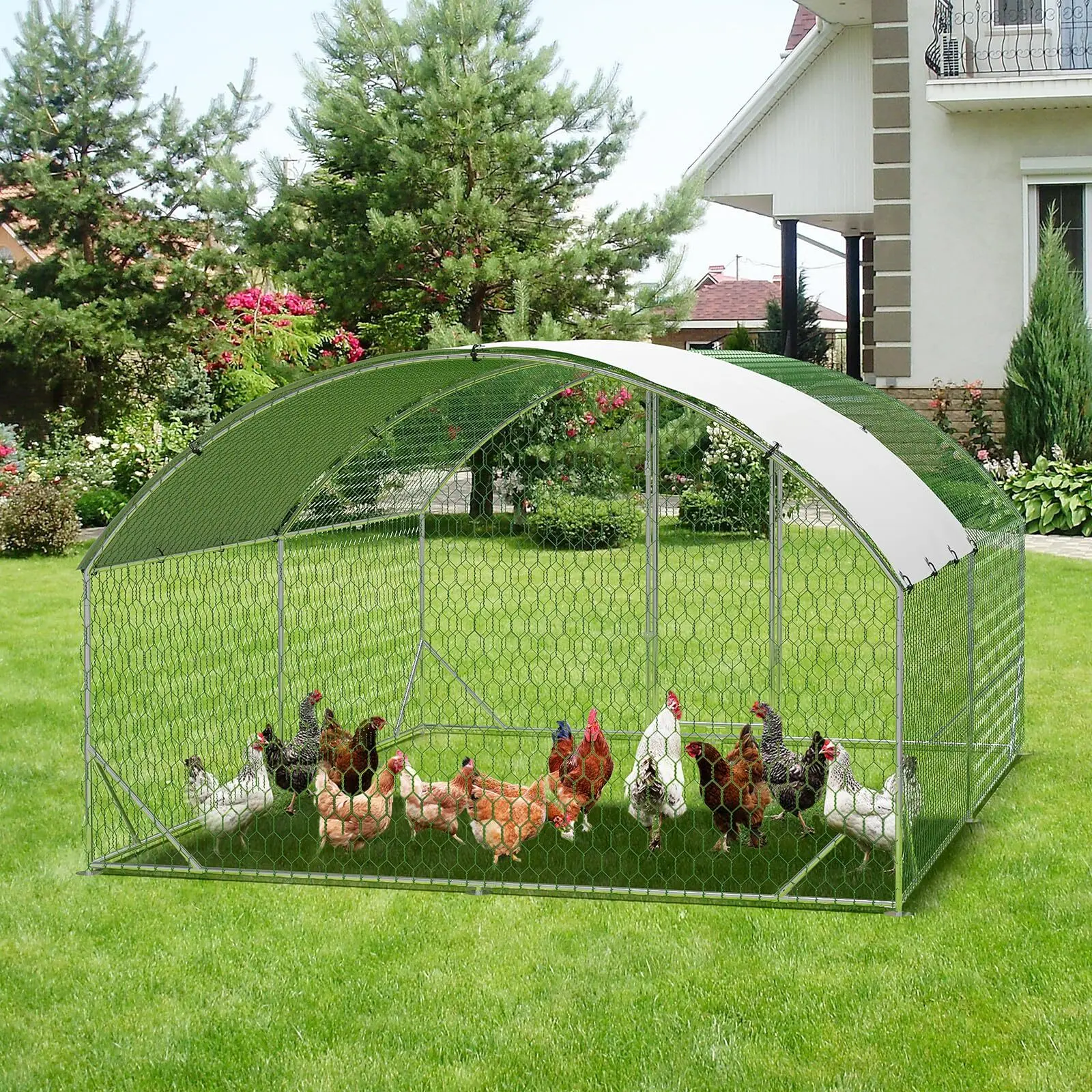 Heavy-Duty Steel Chicken Coop with Dome Roof & Waterproof UV-Resistant Cover - Walk-In Poultry Cage with Lockable Gate for Backyard, Farm, Ranch (Weatherproof Design, Quick Assembly, Multi-Animal Use)