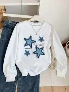 Imitation denim star pattern printed Loose pullover, fashionable women's clothing, warm and comfortable Knitted fabric, suitable for daily and commuting wear.