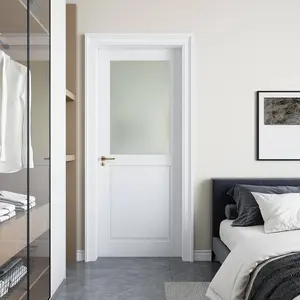 Half Frosted Glass Interior Door,White Primed Panel & Solid MDF Wood,Pre-Assembled French Slab Door for Dining Room, Bedroom, Closet, Laundry Room, Bathroom,w/o Hardware
