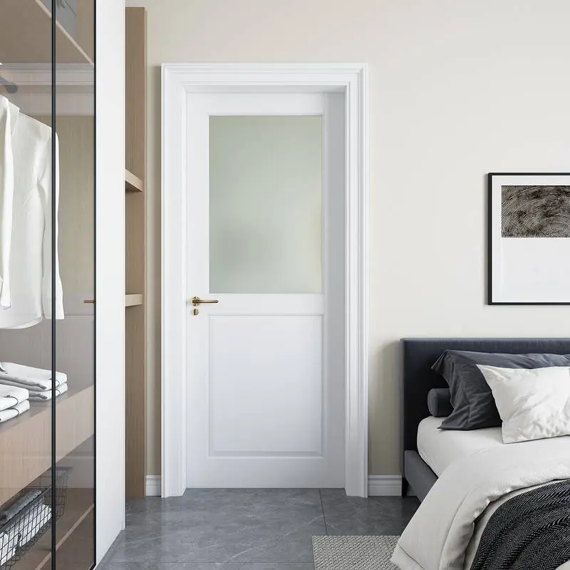 Minimalist Modern 1-Lite Half Frosted Glass Interior French Slab Door, White Primed Panel, Solid MDF+Frosted Glass+Wood, Pre-Assembled, Natural Light-Enhancing, for Dining Room, Bedroom, No Hardware