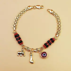 Bohemian Beaded Bracelets - Boho Bangle Jewelry with Red Black Beads, Elephant Charm, Gold-Plated Devil's Eye Pendant, Unique Accessory for Parties, Gifting