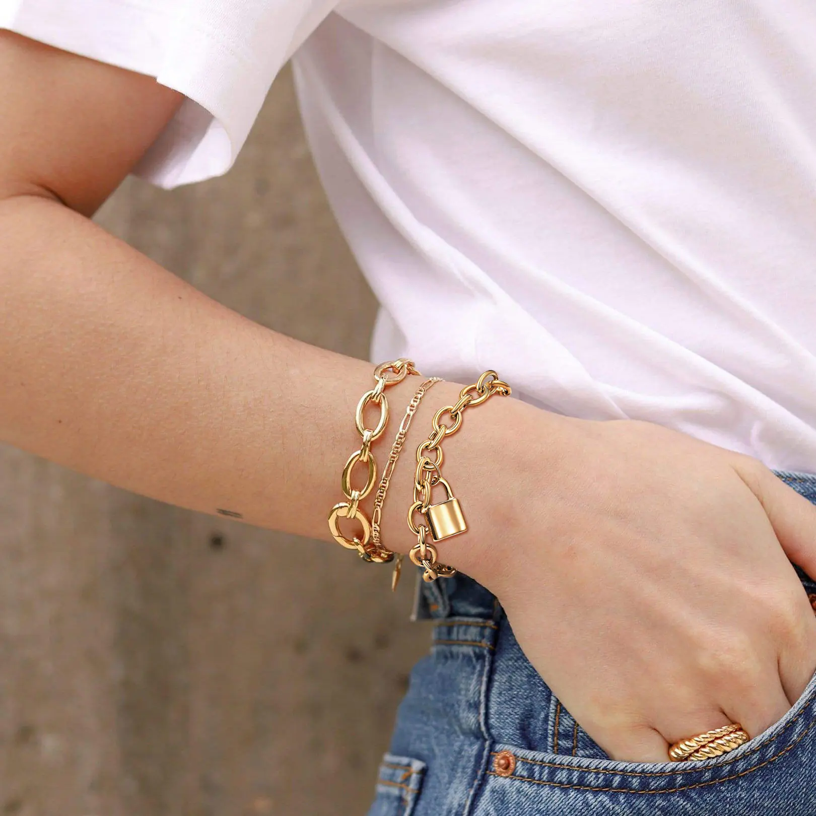 FindChic Padlock Link Chain Bracelets Stainless Steel Adjustable Chain Lock Charm Bracelet Hand Jewelry For Women Men Girlfriend Boyfriend