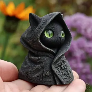 Gothic Black Cat Statue with Emerald Eyes & Hooded Cloak Mini Resin Figurine Perfect for Halloween Decor and Cat Lovers Hand-Painted Collectible with Detailed Cloak