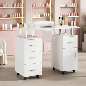 Manicure Table with 4 Drawers & Cabinet, Nail Makeup Beauty Salon Storage Acetone Resistant w/Lockable Wheels, Dust Collector, Wrist Cushion