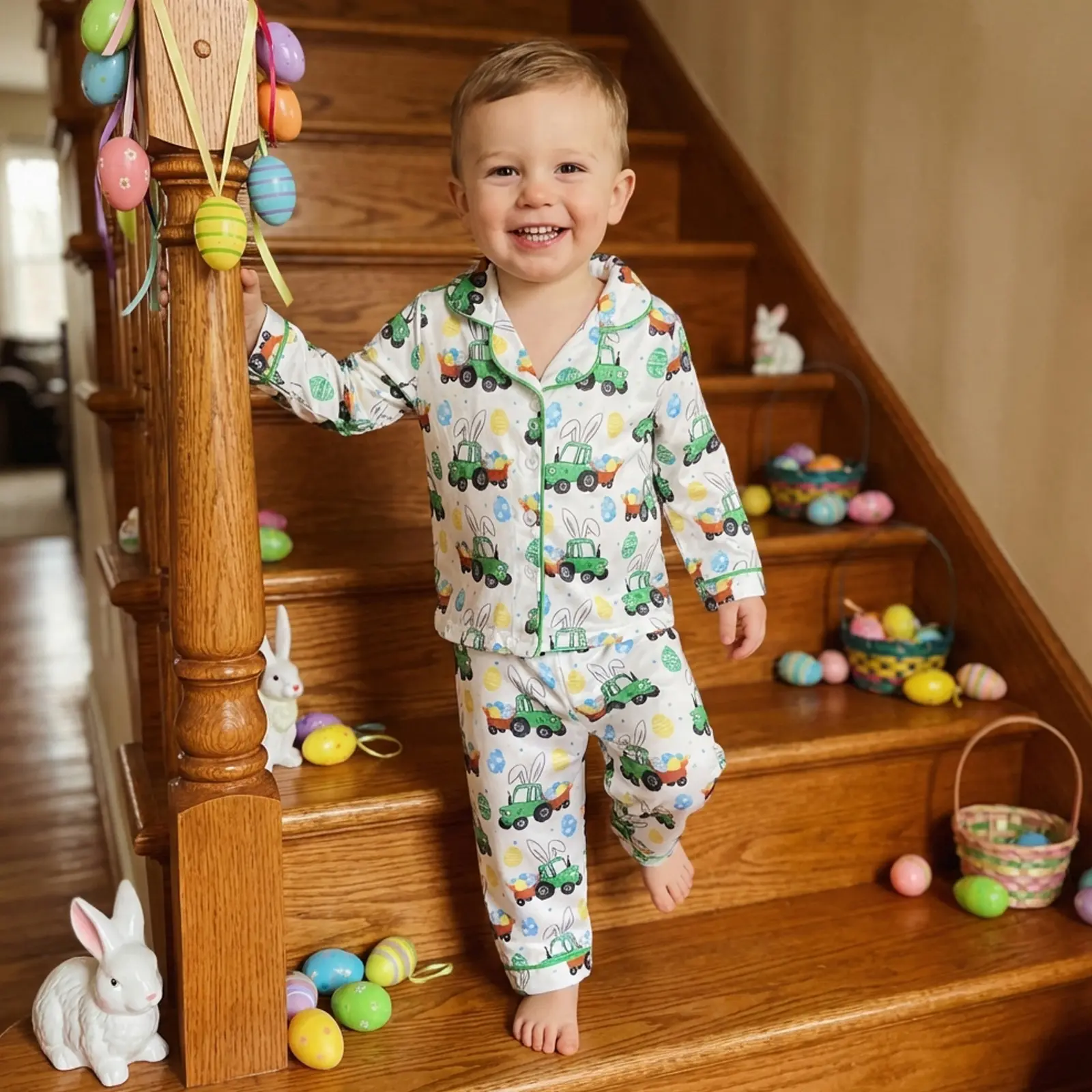 Toddler Boys' 2-Piece Easter Pajama Set - Long Sleeve Lapel Button Top, Carrot Truck Print Pants Sleepwear Gift Set, Pajamas, Collared Pajama Set, Button Front