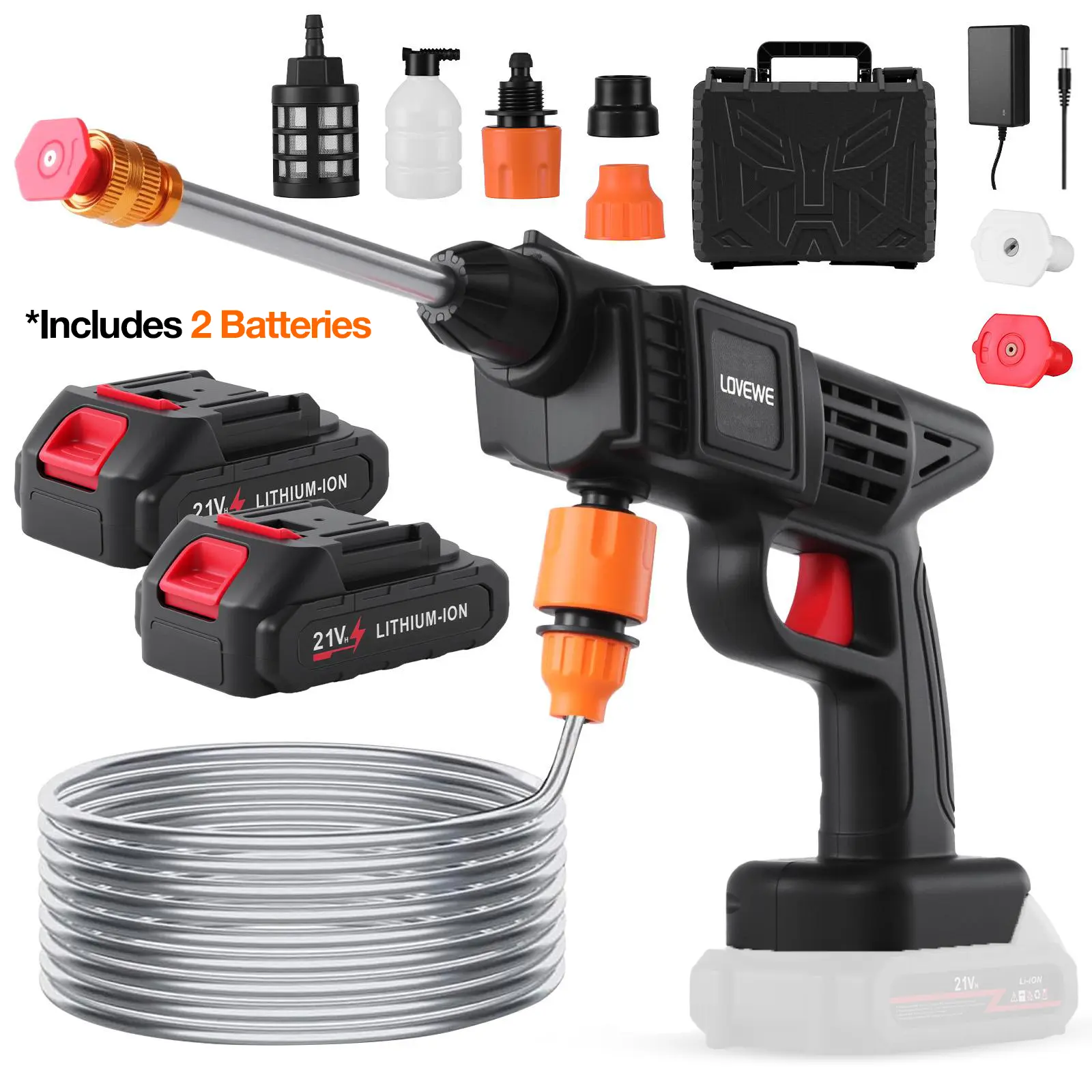 LOVEWE Cordless Pressure Washer, Portable Power Cleaner with Dual Batteries & Foam Cannon, Wireless Car & Outdoor Cleaning Kit with Storage Case Car Washing Tool Car Wash Equipment Handheld Car Wash Foam Spray Lance