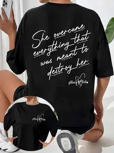 Women's Letter Print Drop Shoulder Baggy Tee, Casual Half Sleeve Round Neck Loose T-Shirt for Summer, Women's Top for Daily Wear