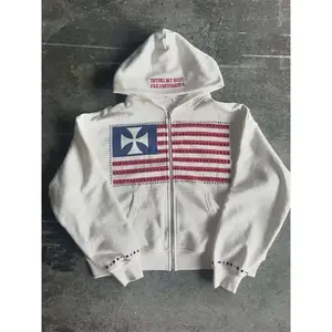 Autumn new national flag minimalist design color collision pattern men hooded sweatshirt Harajuku Y2k loose zipper sweatshirt