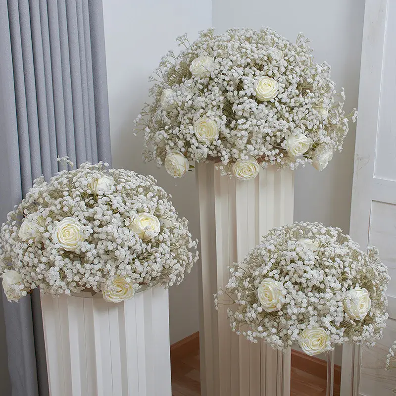 S-A7913 Silk Artificial Flower Boxed Set - 4pcs 40cm Round Flower Ball Ornaments, White Baby Breath Rose for Wedding Love Romance Decor Props