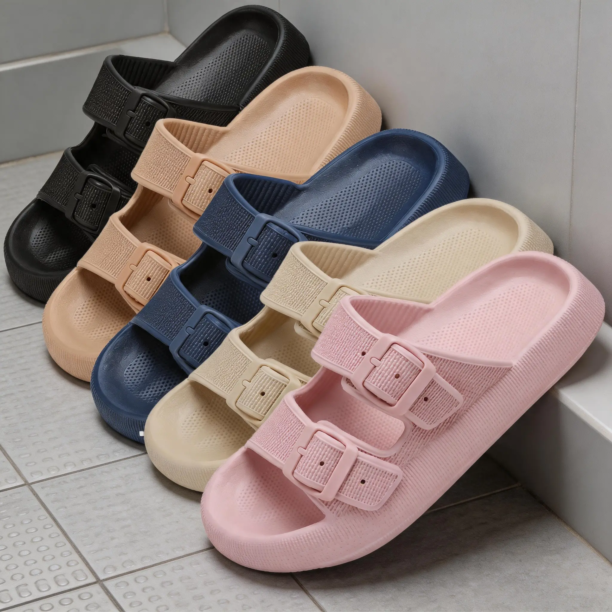 Women's & Girl's Double Buckle Platform Waterproof Slippers - EVA Soft Arch Support Anti-Slip Slides - Summer Home Beach Holiday Sandals