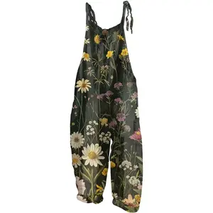 Women’s Summer Plus Size Floral Boho Bib Cotton Linen Overalls/Jumpsuits with Spaghetti Straps, Hippie Print (2025)