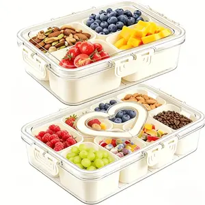 A of Two Divided Trays with Lids And Handles, Featuring 4/8 Compartments for Plates, a Detachable Portable Snack Box, Suitable for Fruits, Vegetables, Salads, Candies, And Nuts - Perfect for Travel, Camping, And Picnics