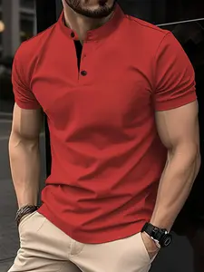 Men's Short Sleeve Fitted Plain Classic T-Shirt, Casual Stand Collar Button Neck, Perfect for Daily Wear and Outdoor Sports, Ideal Men's Holiday Gift