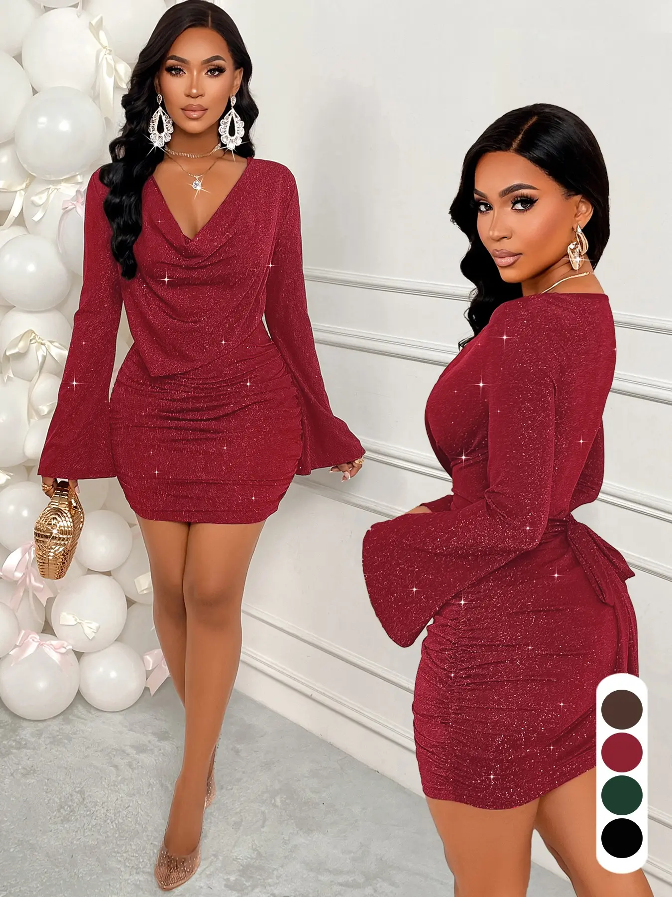 Women's Elegant Plain Evening Party Formal Mini Dress, Dresses for Party, Fit, Long Sleeve Adjustable Drawstring Waist, Sparkle Knit Fabric, Suitable for Wedding Halloween Christmas, Womenswear