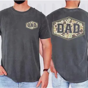 Comfort Colors camouflage dad shirt with retro varsity style, duck camo design, classic fit tee, perfect Father's Day gift and everyday wear for dads.