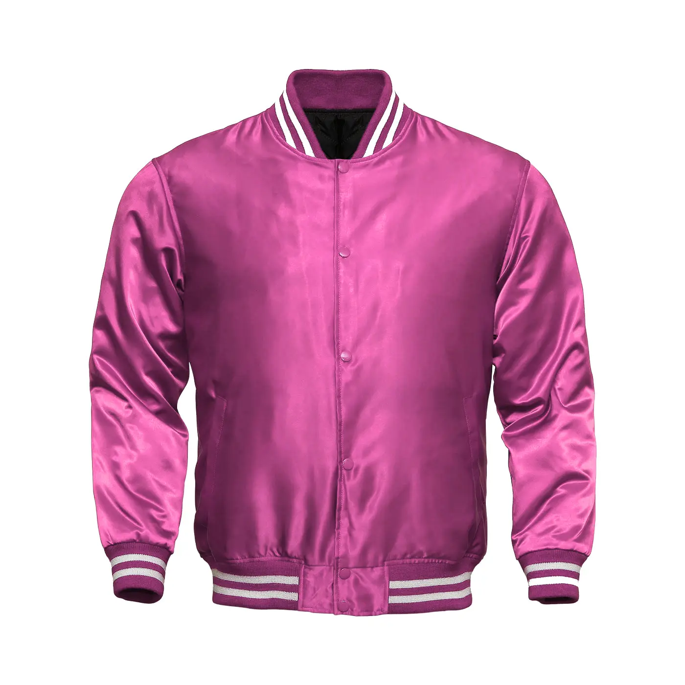 Deckra Men's Original Handmade Polyester Satin Collared Neck Varsity Jacket - Fashion Casual Wear, Button Fastener Longsleeve Outerwear with Pocket, Pink Tops, Long Sleeve Shirt, Multiple Pockets, Brand New, Varsity Look, Chic, Menswear, Coats, Stylish, P