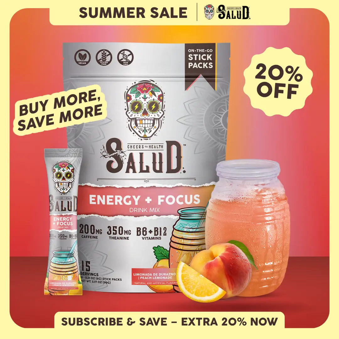 Salud 2-in-1 [Energy + Focus - Peach Lemonade] Clean Energy Drink Mix, Agua Fresca, Organic Caffeine, B6 & B12, L-Theanine, Drink Packets, Non-GMO, Gluten Free, Vegan, Low Calorie, 1g Sugar (15 Servings)
