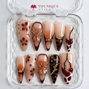Younique Nails 2025 | LK Studio | Caramel Blossom | 10PCS 100% Handmade Press-On Nails | Reusable Colorful Art
