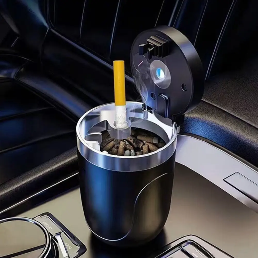 Portable Car Ashtray with LED Light, Car Cigarette Ashtray with Lid, Detachable Stainless Steel Ashtray, Car Interior Accessory, Car Supplies, Car Essentials for Most Vehicles, Universal Fit