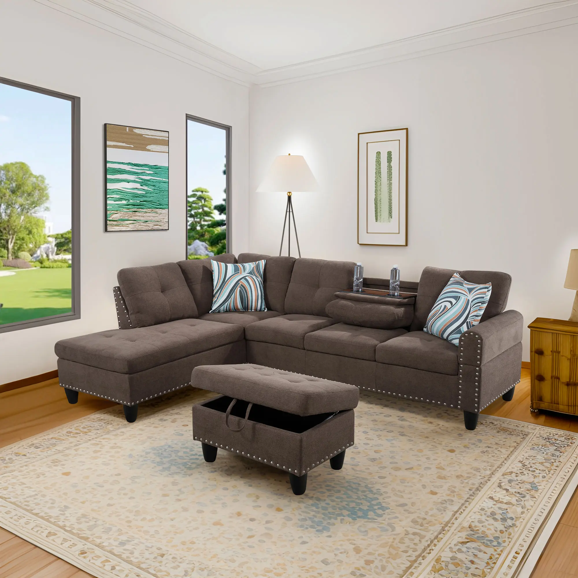 Durable Modern Brown 3-Piece Sectional Sofa Set - Breathable Fabric, Comfy Upholstered Living Room Couch for Home & Apartment (3-Package Shipping)