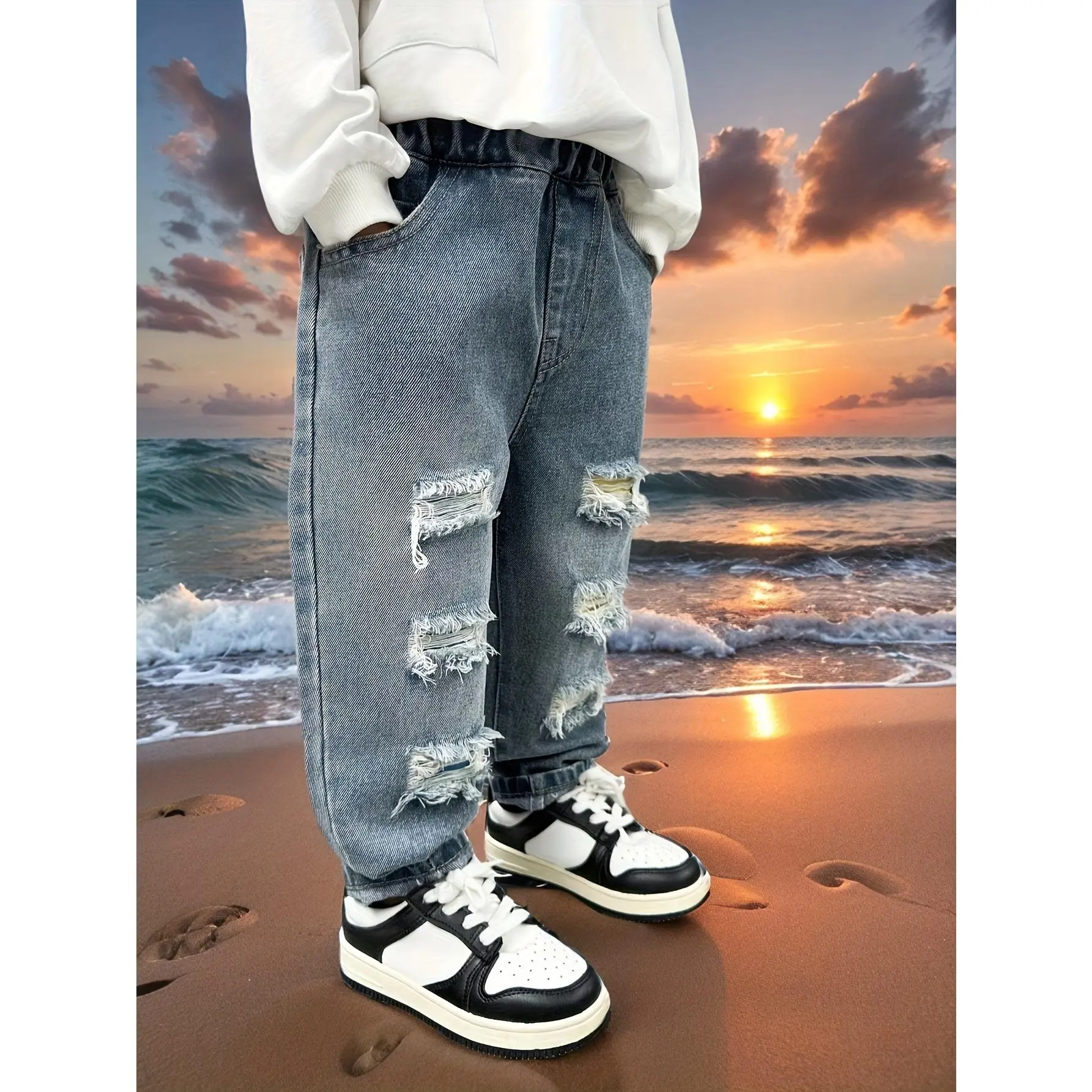 Boys' Ripped Denim Casual Pants 2025 Latest Fall Essential for Back-to-School Loose Fit Straight Leg Non-Stretch Fabric with Pockets All-Season Wear
