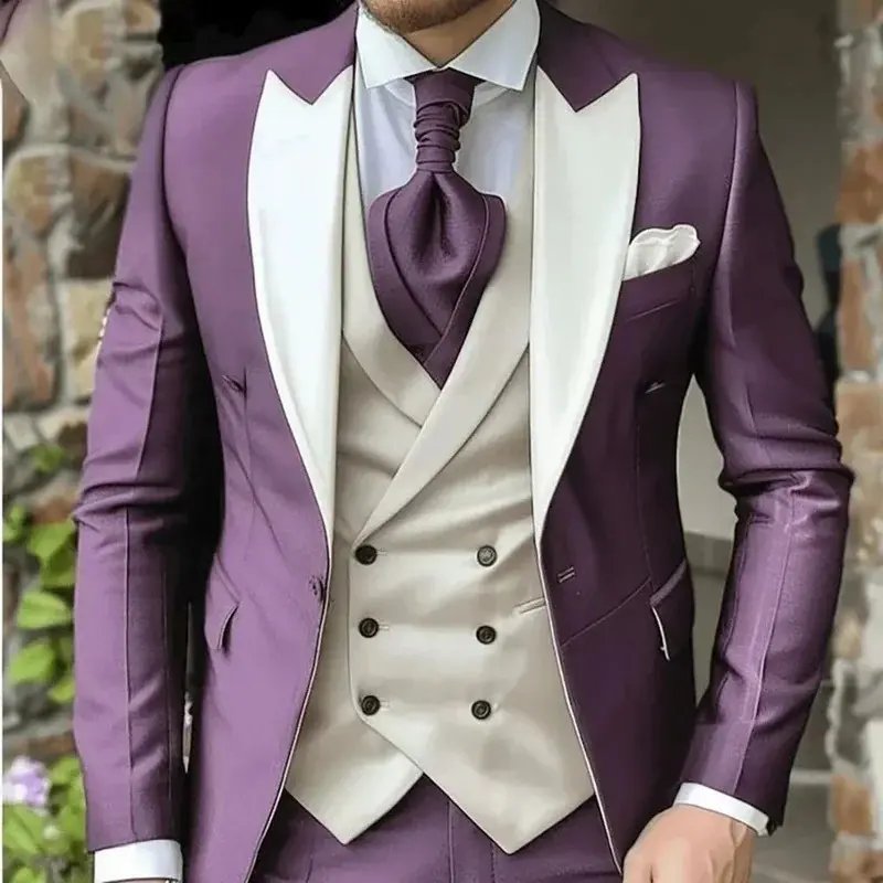 Men's Purple 3-Piece Suit - Single-Breasted Peak Lapel Formal Wear Set with Jacket, Vest, and Pants for Weddings and Prom