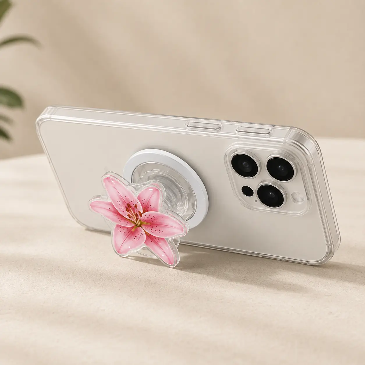 Pink Lily Flower MagSafe Phone Grip, Floral Acrylic Phone Holder & Stand, Botanical Magnetic Phone Accessory, Flower Lover Gift
