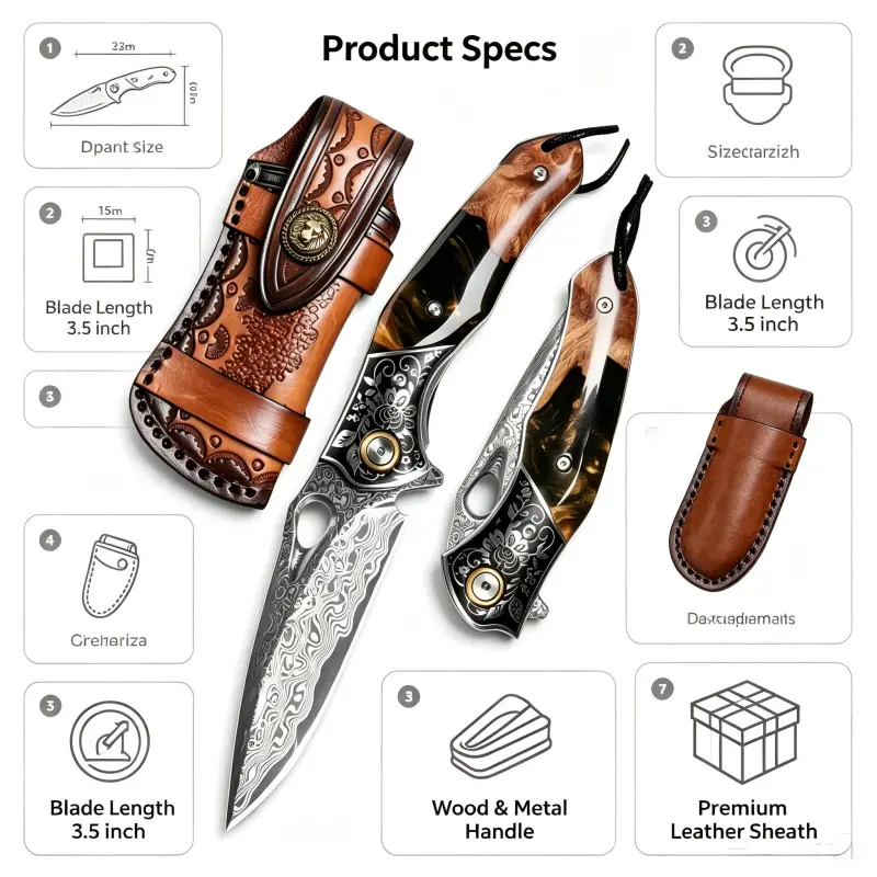 Handmade Damascus stainless steel folding knife with maple wood cover and colorful shell handle - complex flower carving, safety locking mechanism, suitable for food cutting - camping, hiking, and fishing