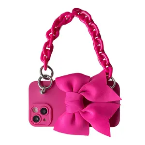 Rose Red Fluorescent Pink Bow Crossbody Strap for iPhone 15 17 16 12 Protective Cover with Chain Design and Stylish Bow  case