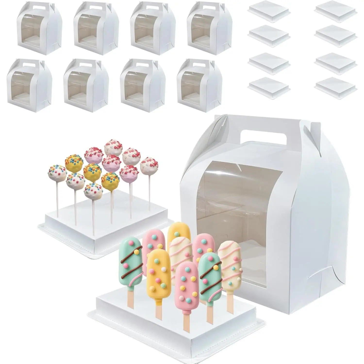 8pcs Portable Cake Pop Holder Boxes,Cake Pop Boxes Packaging, Cake Pop Display Stand with Clear Window,White Cakesicle Boxes