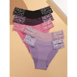 5pcs Contrast Lace Briefs, Hollow Out Seamless Stretchy Intimates Panties, Women's Lingerie & Underwear，Recycled Fabric