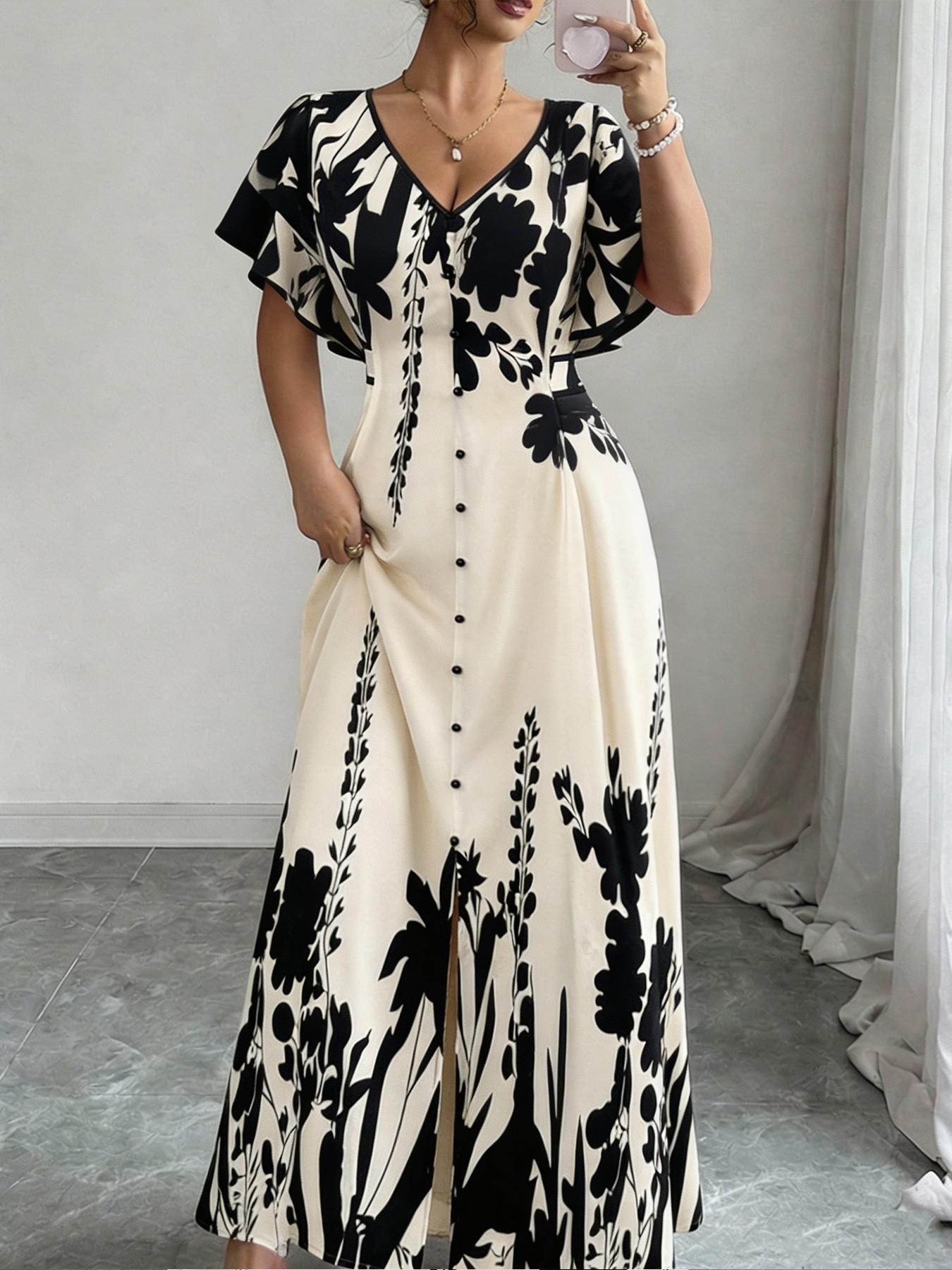 Women’s V-Neck Floral Short-Sleeve Dress with A Cinched Waist—A Fashionable Summer Printed Casual and Comfortable Dress Suitable for Everyday Commuting, Vacations, Parties, and Dates.