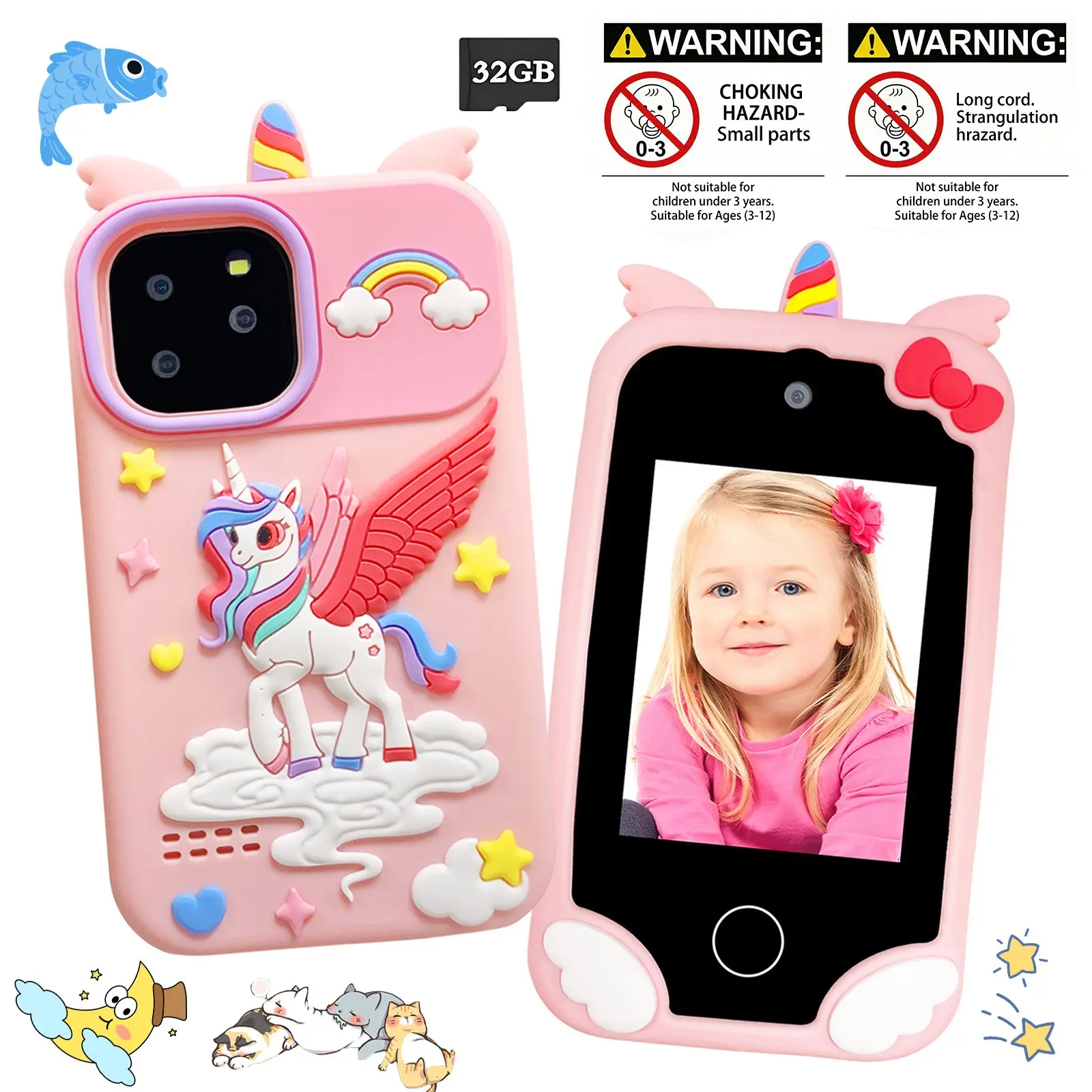 Kids Learning Toy Phone, Learning Tool, Portable, 2.8-Inch Touch Screen, Dual Cameras, Dinosaur Unicorn Patterns, Fun Games, Capture Life Moments, Gift For Boys Girls Ages 3-12